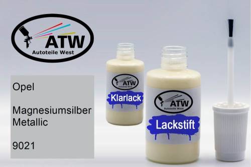 Opel, Magnesiumsilber Metallic, 9021: 20ml Lackstift + 20ml Klarlack - Set, von ATW Autoteile West.